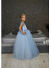 Blue Beaded 3D Flowers Tulle Flower Girl Dress With Glitter Train